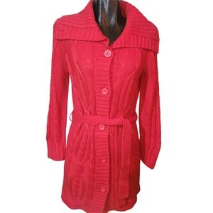 St. John's Bay Red Cable Knit Button Up Long Cardigan Sweater With Belt L